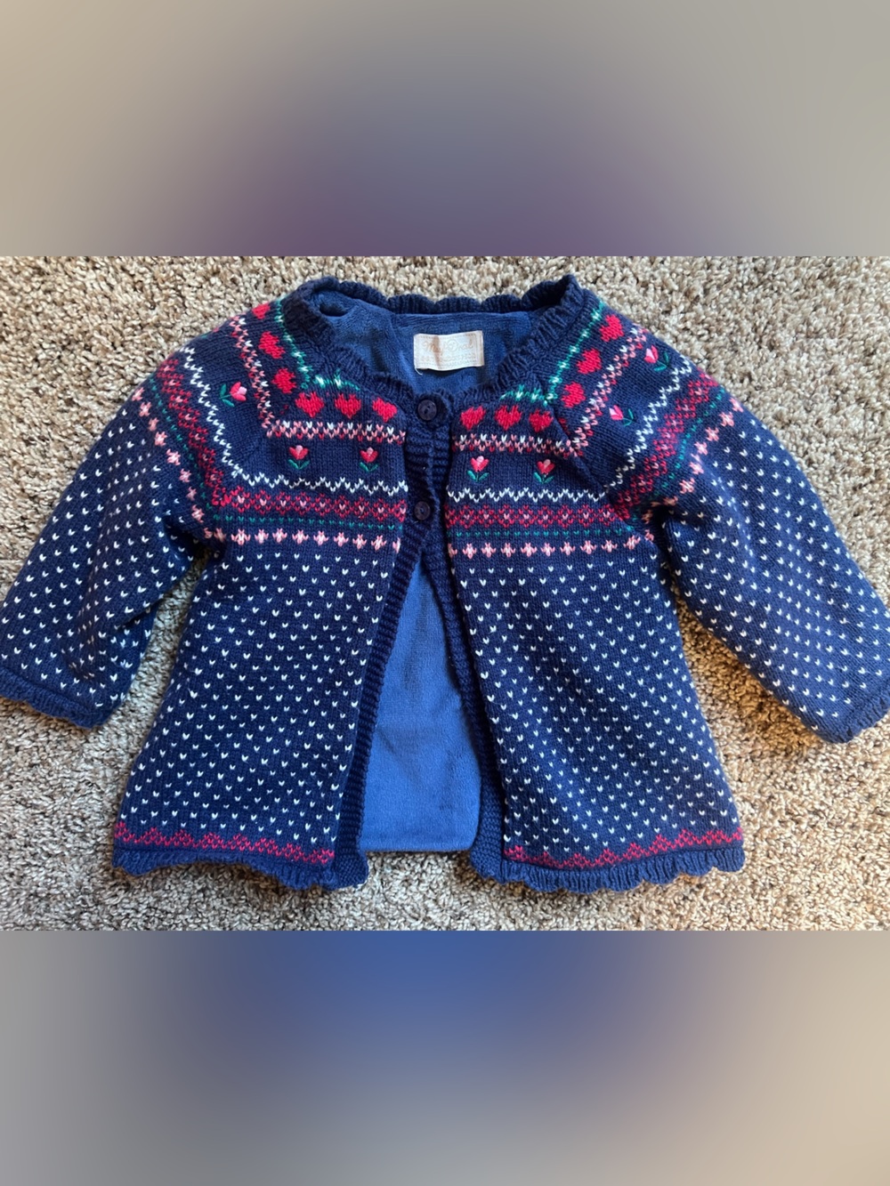 Mayoral Blue Fair Isle Baby 6 - 9 M Knit Cotton Fleece Lined Cardigan Sweater